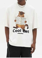Cool Cat Graphic T-Shirt – Newspaper Reading Cat Oversized Tee